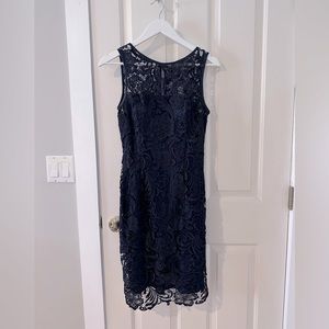 Adrianna Papell Women's Illusion Neckline Lace Dress Navy Blue